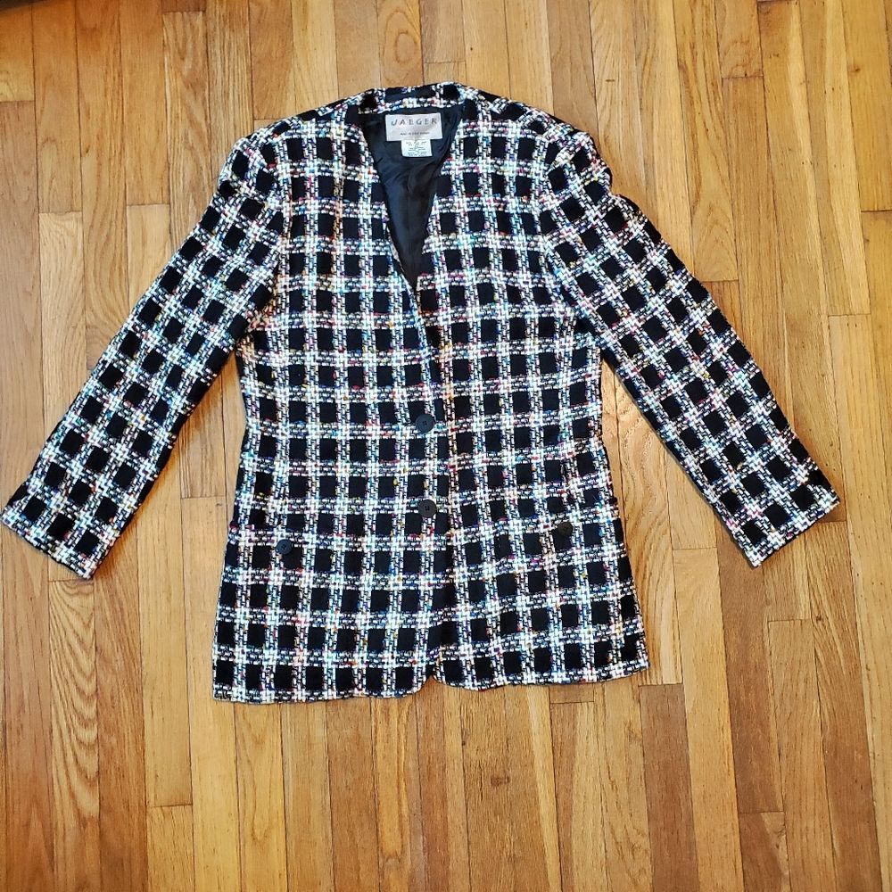 Vintage 80s Jaeger Wool Blend Multicolor Speckled Checker Blazer‎ Jacket Size 12